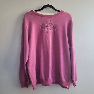 Vintage 90s rose pink crew neck sweater floral embroidery cottage prarie grandma